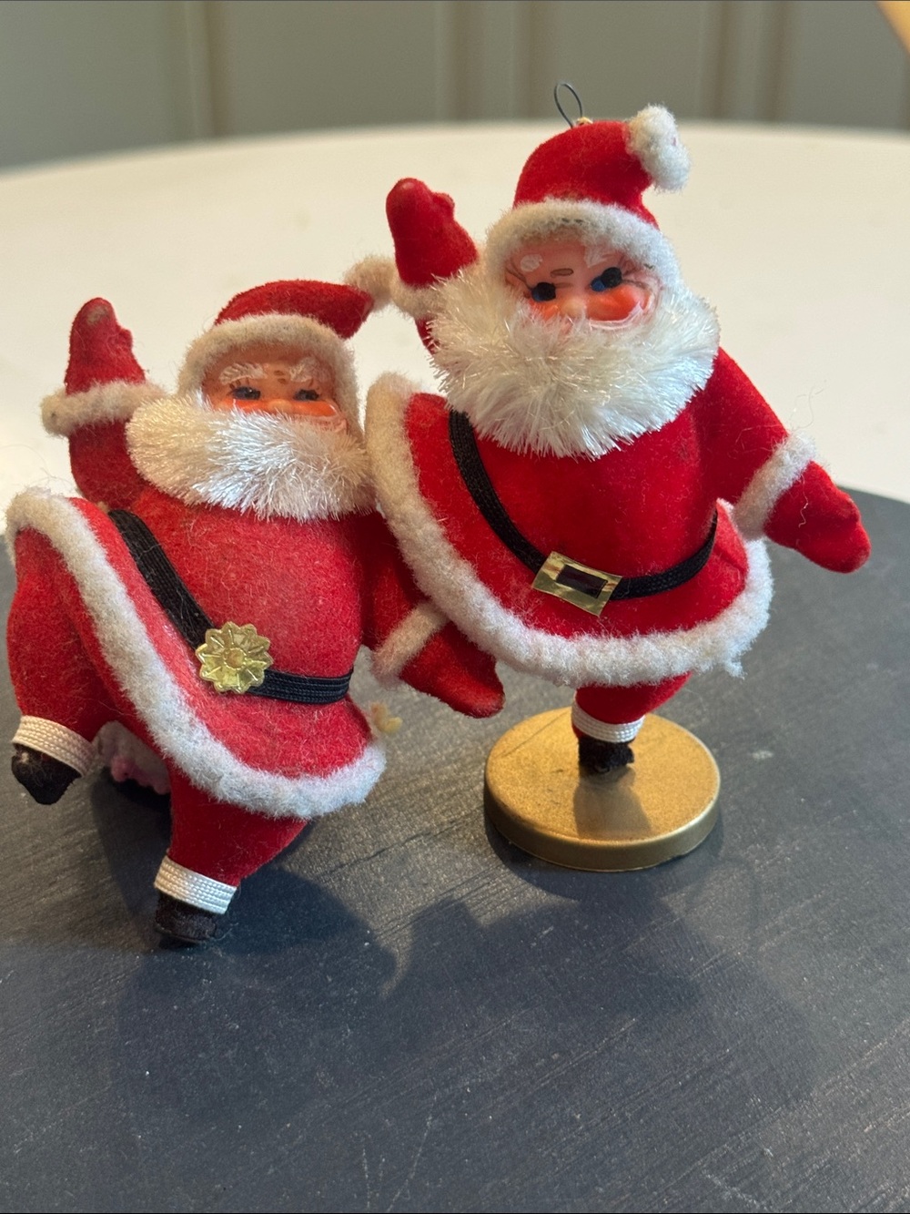 Vintage Dancing Flocked Blo Mold Santa Christmas Ornaments